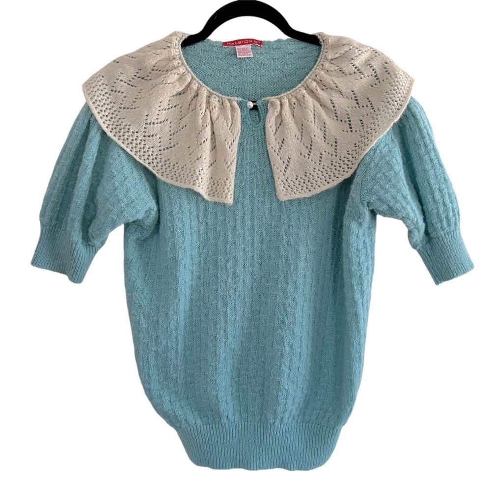 Vintage Halston Crocheted Blue Sweater with Cream Collar Size M